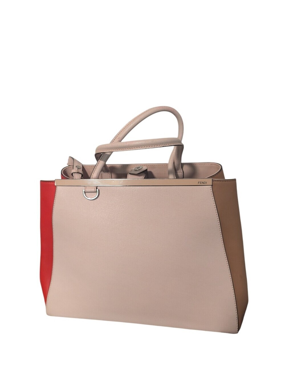 Fendi , 2jours Medium,Tricolor,Pink Beige Tote with Red & Tan Panels